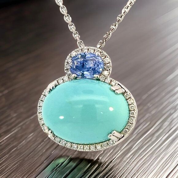 Turquoise Sapphire Diamond Necklace 17" 14k 19.03 TCW Certified $6,950 311694 - Picture 7 of 15